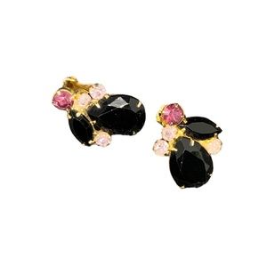 Antique Gemstone Clip on Earrings, Black, White and Pink Stones, ¾”x 1”